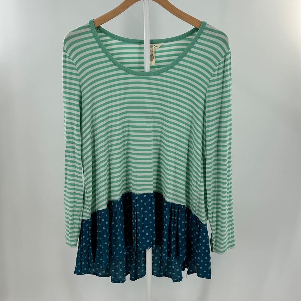 Matilda Jane Womens Green‎ Striped Polka Dot Ruffle Hem Top Size M cottagecore